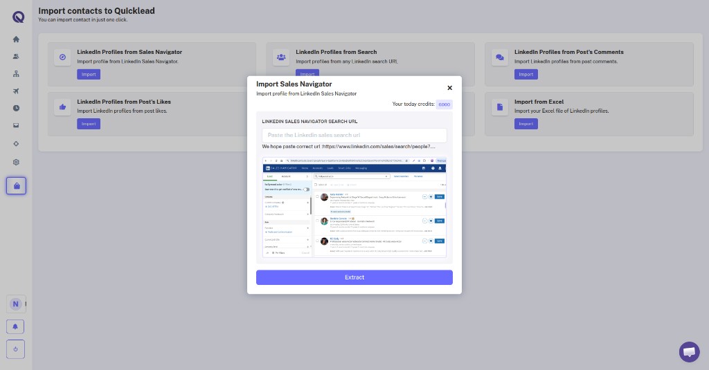 Quicklead import modal: paste a Sales Navigator search URL and extract leads