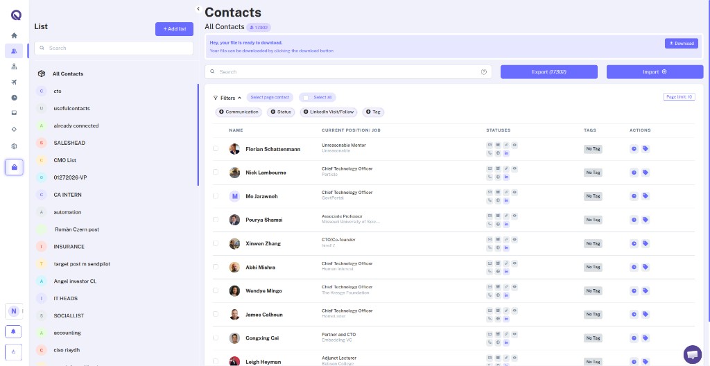 Quicklead contacts database with lists, filters, export and import