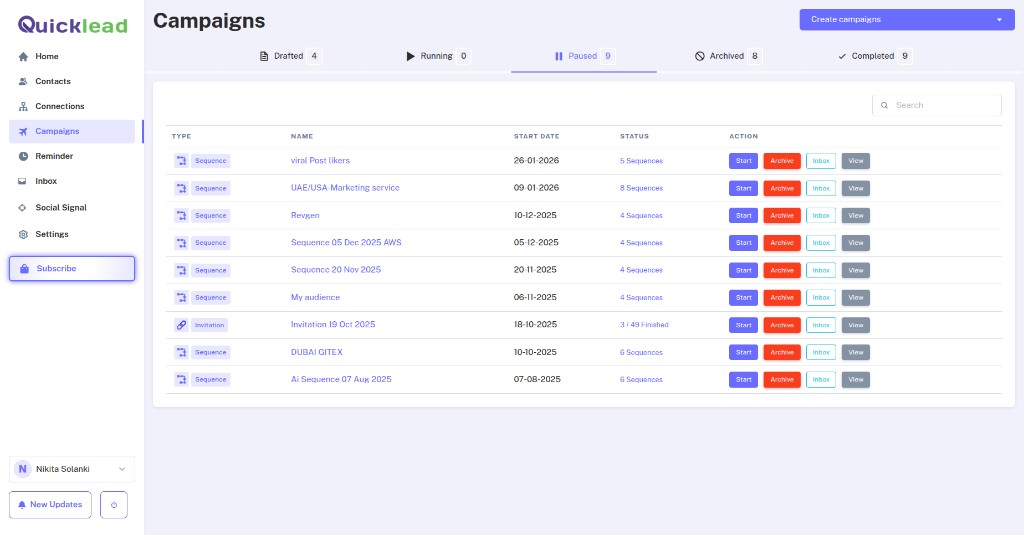 Quicklead campaigns list with sequence types, status tabs, and actions