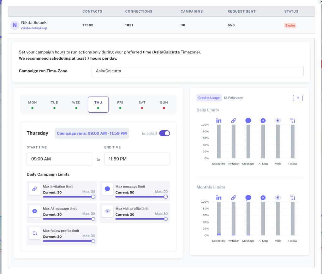 Quicklead campaign timezone, weekly schedule, daily action limits, and credits usage
