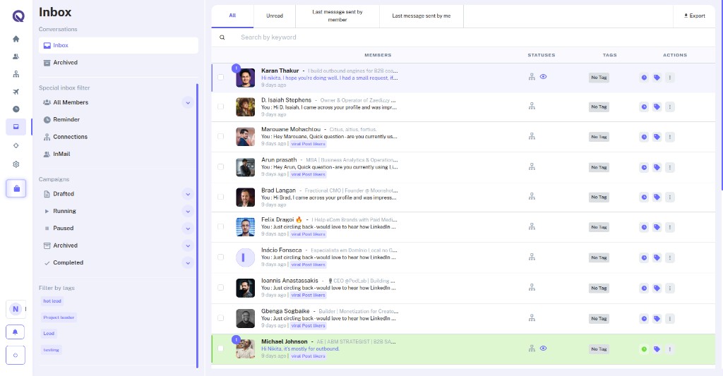 Quicklead unified inbox with campaign filters, tags, and conversation list