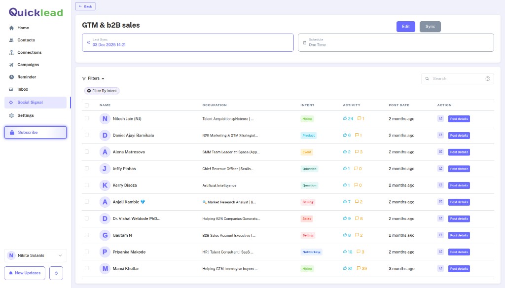 Quicklead social signal feed with intent labels and post engagement