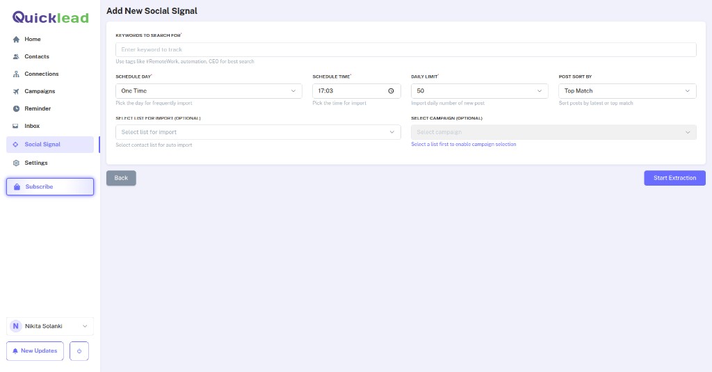 Quicklead add social signal: keywords, schedule, daily limit, list and campaign